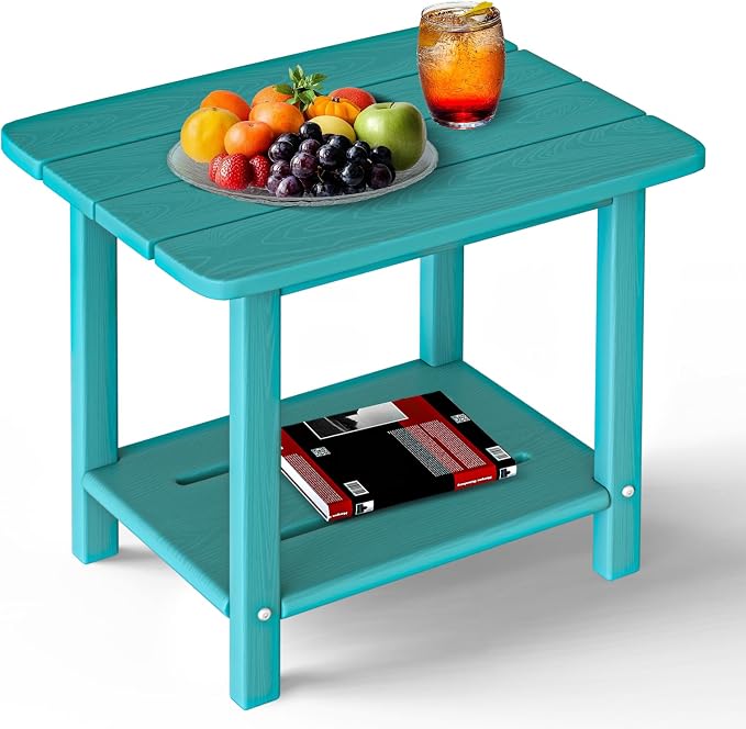 nevilywood 2-Tier End Table, Outdoor Adirondack Side Tables, Whether resisted HDPE, Wood Texture - Poolside, Patio,Lawn & Aruba Blue