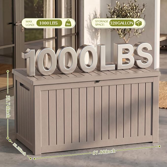 Waterproof Outdoor Storage Box Outside Deck Box Lockable Resin Bench UV Resistant Furniture Cushion Pool Tool Float Bin Patio Garden Porch (Grey, 325 Gallon)