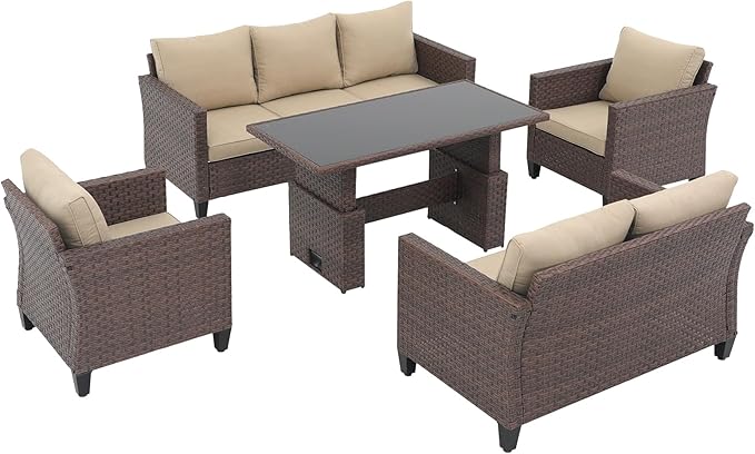 SUNSITT Outdoor Patio Furniture Set 5 Piece Wicker Conversation Set with Lift Coffee Table Sectional Dining Set 3 Seat Sofa Couch with Loveseat, Brown Wicker & Beige Cushion