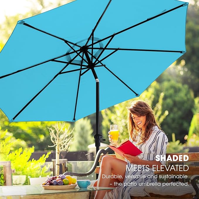 wikiwiki 11FT Patio Umbrella with Base, Outdoor Umbrellas with Base Included, 8 Sturdy Ribs, Waterproof Fade Resistant POLYESTER DTY Canopy for Deck, Lawn, Garden, Backyard & Pool, Sky Blue