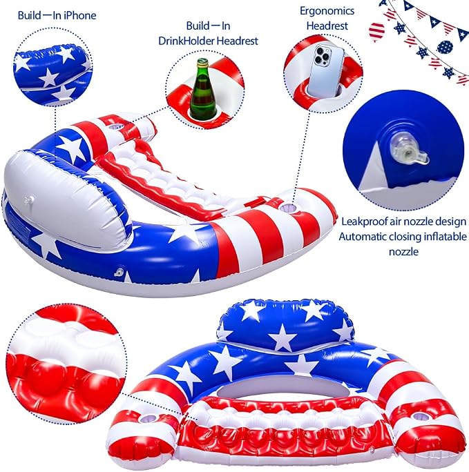4th of July Inflatable Pool Float Chair with Cup Holder & Backrest - 2 Pack American Flag Pool Lounge Chairs for Summer, Pool, Lake & Beach, Reusable Floating Seat Pad for Adults
