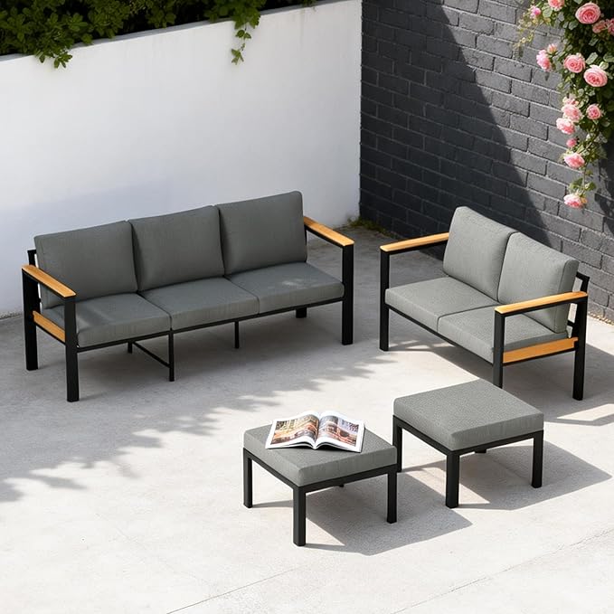 HOMREST Aluminum Patio Furniture Set, 7 Seat Oversized Outdoor Sectional with Washable Thick Cushions, Patio Conversation Set with Special Wide Armrest and Deep Seat, Gray