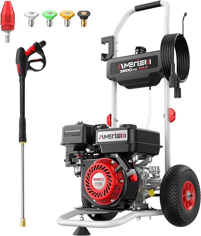 Gas Powered Pressure Washer 3800 PSI, 2.5 GPM High Power Washer, 212CC Engine with 5 Spray Tips—Ideal for Houses, Driveways, Cars, and Concrete Surfaces