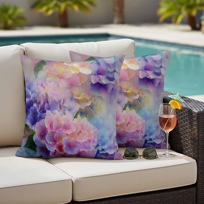 Pink Purple Floral Outdoor Pillow Cover 16x16 Inch Cushion Sham Case, Spring Hydrangea Flower Vintage Botanical Waterproof Decorative Square Throw Pillowcase for Outside Garden Patio Porch Couch Chair
