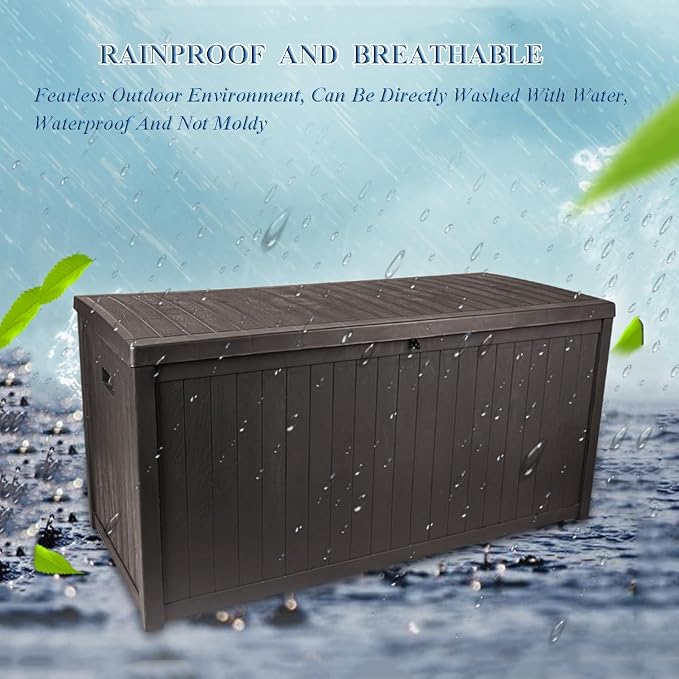 Outdoor Storage Deck Box, 100 Gallon Resin Patio Bin & Bench, Waterproof and Sunproof Patio Storage Box, Wood Grain, Brown