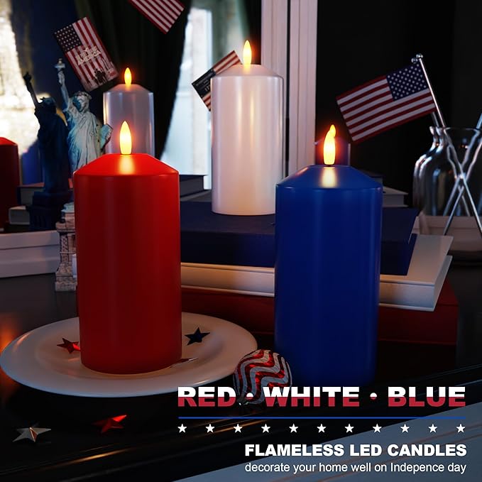 Patriotic Red White and Blue Candles, Real Wax Flameless Pillar Candles with Remote, 4th of July Led Candles, Independence Day Flameless Candles for Patriotic Decor, 3 Pack (D 3" x H 6")
