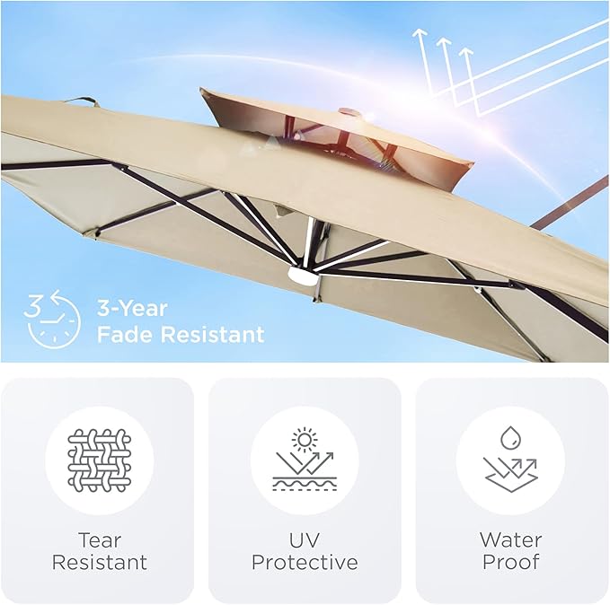 Deconk 9' X 12' Patio Umbrella with LED Lights Outdoor Cantilever Large Rectangle Offset Umbrellas Heavy Duty Aluminum Double Top with 360-degree Rotation for Pool Garden Deck, Beige