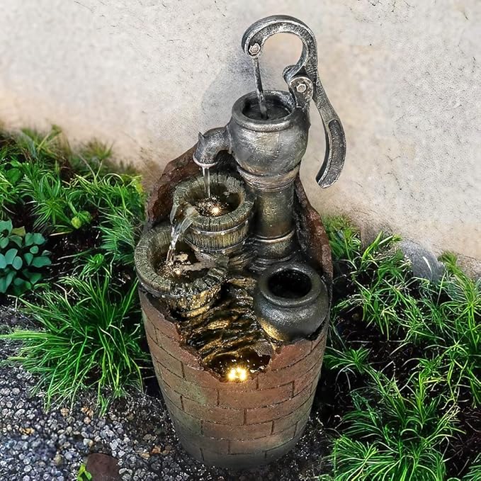 Naturefalls 32.6''H 3-Tier Retro Barrel Outdoor Waterfall Fountain Decor with LED Light,Resin Outdoor Water Feature with Decorative for Garden, Floor Patio, Deck, Porch, Backyard and Home Art Decor
