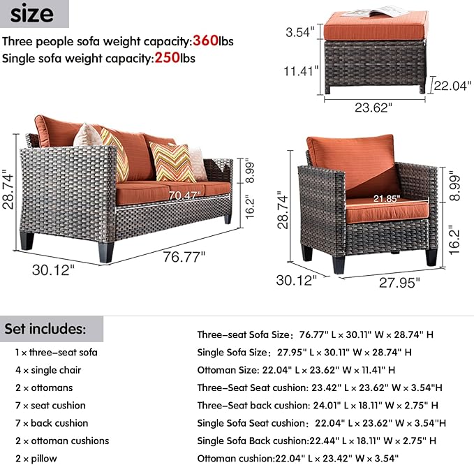 HOOOWOOO 7-Piece Patio Furniture Set–Stylish,Comfortable Outdoor Rattan Sofa Set with 4 Chairs,2 Ottoamns,Weather-Resistant Patio Conversation Set for Deck,Garden,Balcony (Orange Red)