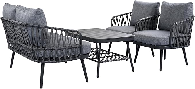 Christopher Knight Home Lena Patio Conversation Set, Two Club Chairs, Rope Woven Loveseat, Metal Frame Armchair, Rectangular Coffee Table, Outdoor Side Table and Chair Set for Backyard, Black+Gray