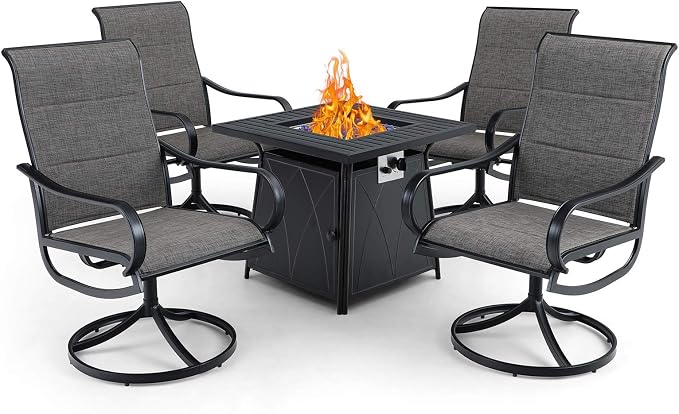 PHI VILLA 5 Piece Patio Dining Set with Firepit Table, 4 Padded Textilene Swivel Outdoor Dining Chairs with Metal Frame & 28 Inch 50000 BTU Auto-Ignition Propane Gas Fire Pit Table