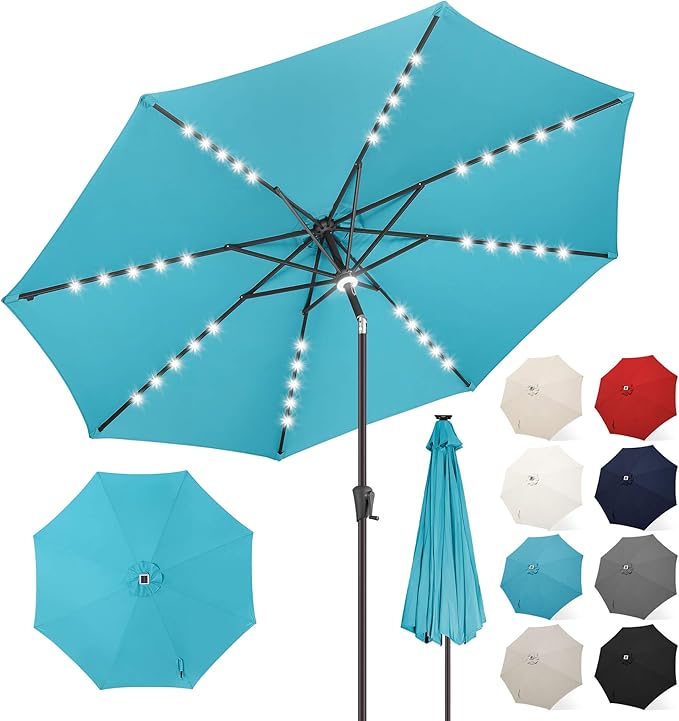 FLAME&SHADE 9 ft Patio Umbrella with Solar Lights, 40 LED Lighted Table Outdoor Umbrella for Deck, Pool, Porch, Backyard, Market, Garden, 8 Sturdy Ribs, UV Protection, Aqua Blue