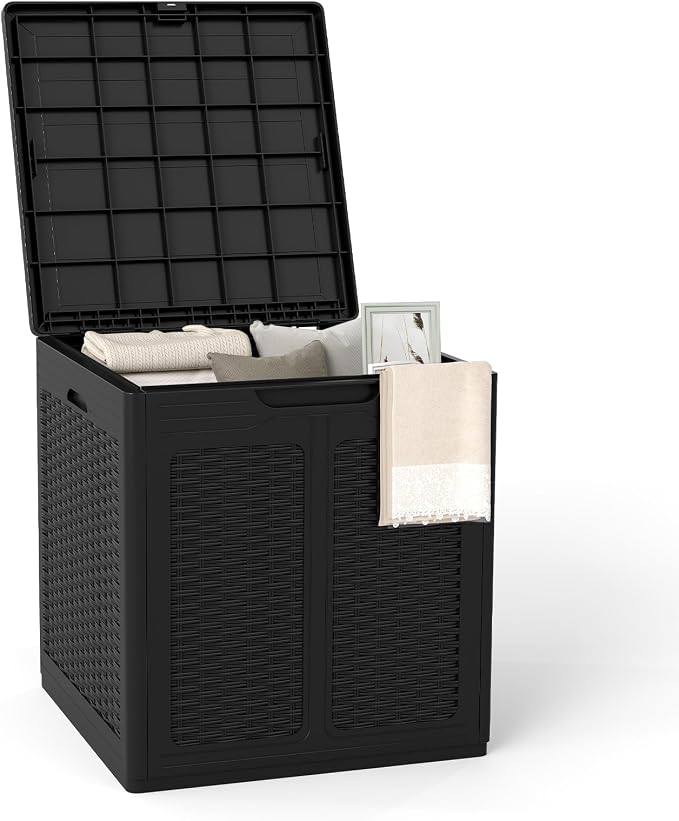 Giantex 39 Gallon Outdoor Storage Box, PP Deck Container with Rattan Patterns & Lockable Lid, Patio Plastic Storage Bin for Package Delivery, Garden Tools, Patio Cushions (39 Gal,Black)