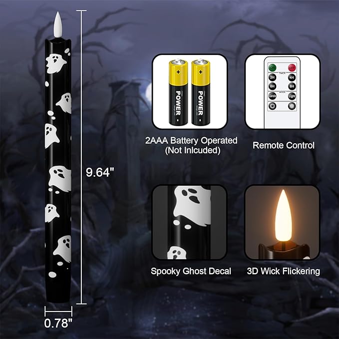 Eldnacele Flameless Flickering Taper Candles with Remote and Timer, Battery Operated Ghost Decal Real Wax Black LED Window Candles Set of 4 Fireplace Spooky Halloween Holiday Decor