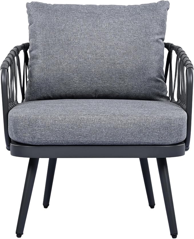 Christopher Knight Home Lena Patio Conversation Set, Two Club Chairs, Rope Woven Loveseat, Metal Frame Armchair, Rectangular Coffee Table, Outdoor Side Table and Chair Set for Backyard, Black+Gray
