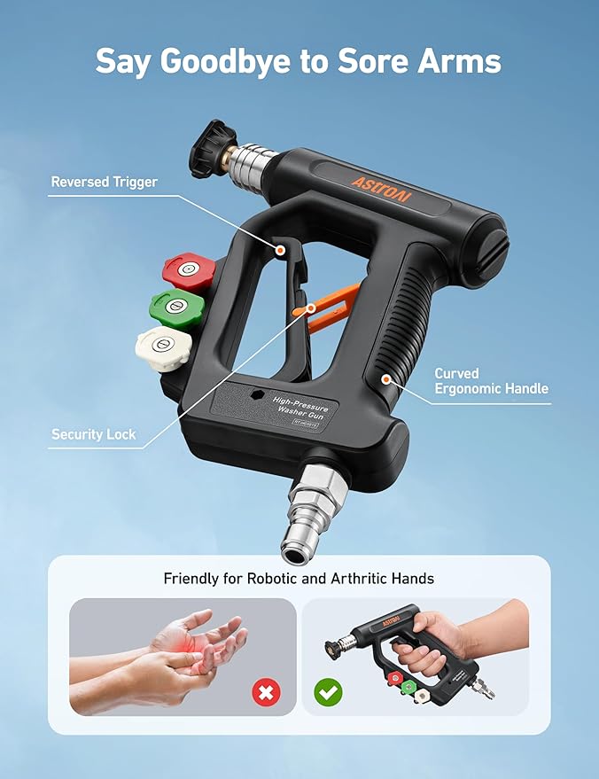 AstroAI Short Pressure Washer Gun with Swivel, Power Washer Gun with 3/8" Quick Connect Inlet & 1/4" Outlet, 4060 PSI, with 4 Nozzles, Ergonomic Comfort Grips, Compatible with Foam Cannon for Car Wash