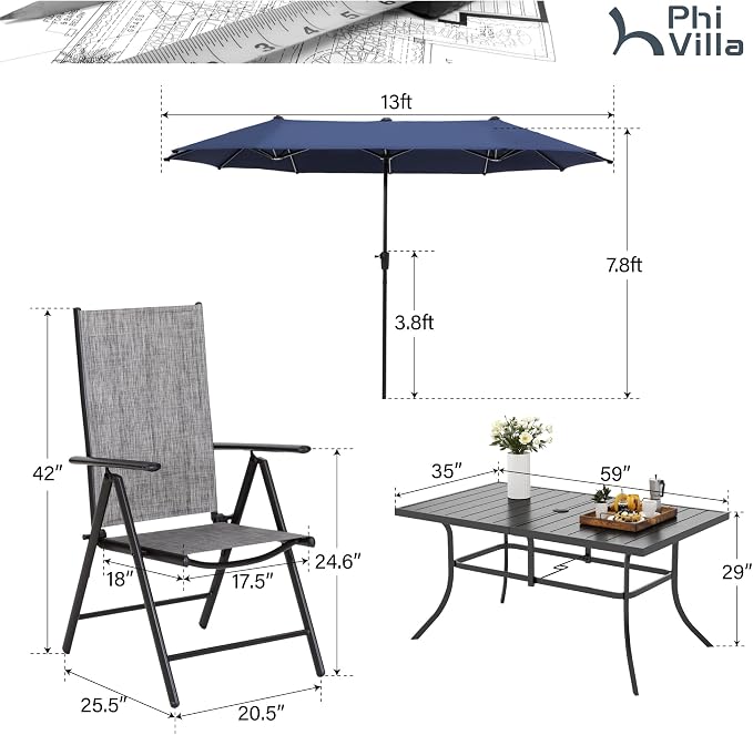 PHI VILLA Outdoor Dining Set with Umbrella for 6, Patio Dining Set with Metal Table, Adjustable Grey Folding Chairs & Navy Blue Umbrella for Garden Deck Yard (No Umbrella Base)