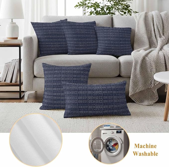 Outdoor Waterproof Throw Pillow Covers Set of 2 Navy Blue Stripes Grain Pillowcases 16x16 Inches Solid Color Decorative Pillows Cushion Case Patio Pillows for Couch Bed Chair Garden