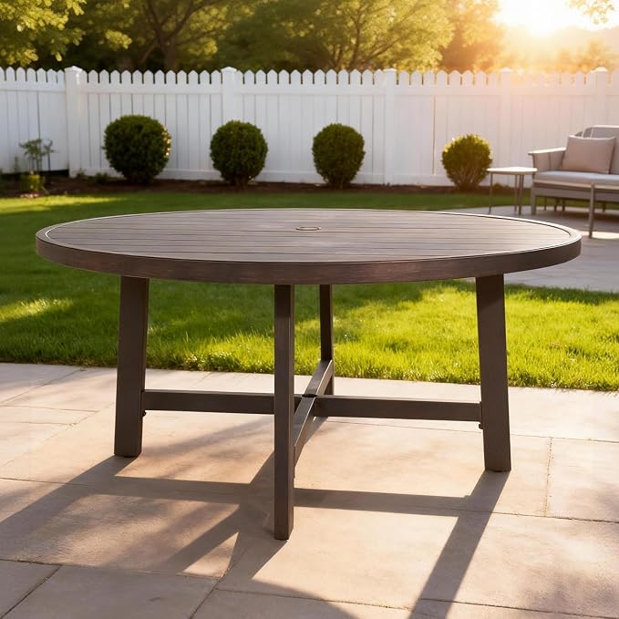 Ulax furniture Outdoor Dining Table 60 Inch Round - Aluminum Patio Table with Umbrella Hole, Weather-Resistant Garden Table for 6 (Brown)