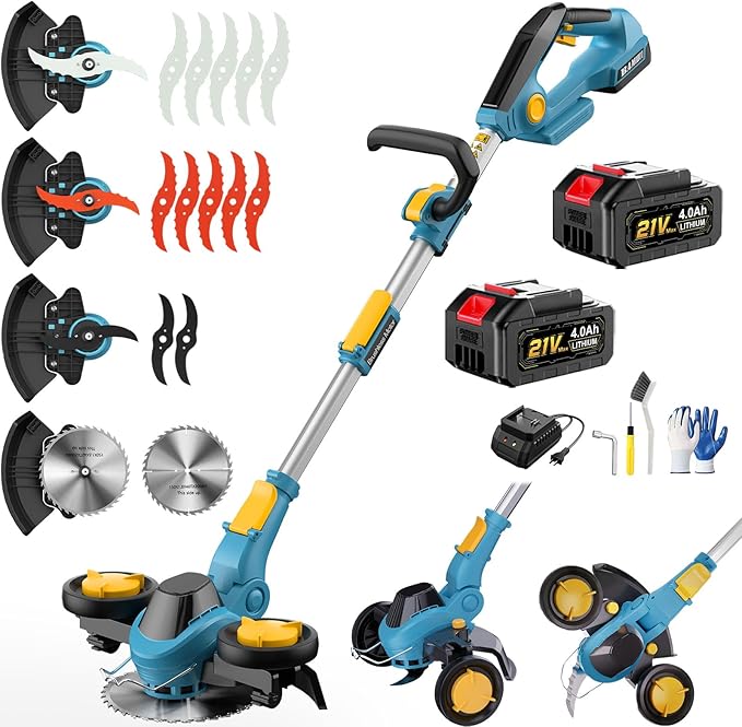 Weed Wacker Cordless - Brushless Electric Weed Cordless Eater Battery Powered with 2 X 4.0Ah Batteries, Cordless Brush Cutter, 3 in 1 Edger/Mower/Grass Trimmer, 4 Types Blades