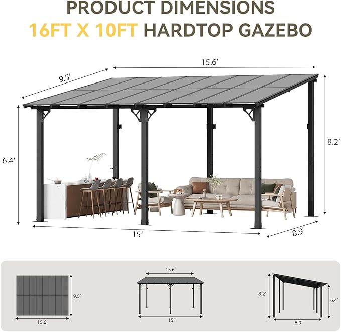 Aoxun 16' x 10' Gazebo for Patio, Gazebo Pergola with Sloped Roof, Large Wall-Mounted Heavy Duty Awnings, for Backyard, Deck, Patio