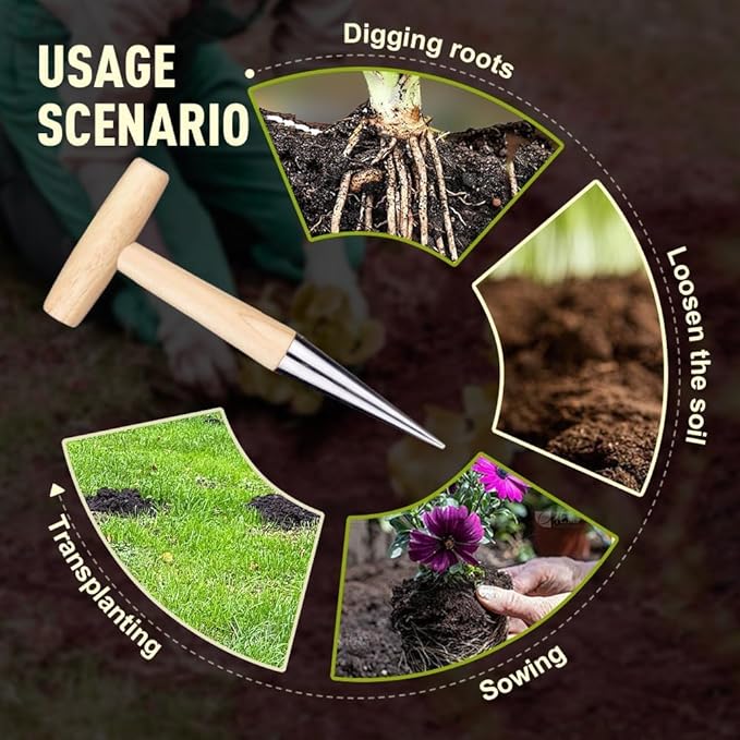 Plant Hole Digger for Planting, New Handheld Digger Garden Seed Planting Tool Bulb Planter Tool T Wooden Handl for Planting Tulip Daffodil Saffron Vegetable Seeds, Easy to Drill Holes (1 Pcs)