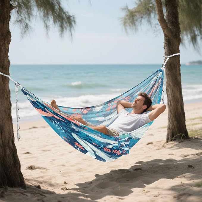Qilmy Whales and Ocean Animals Camping Hammock Single – 330 lbs Capacity, Lightweight with Tree Straps & Carabiners, Portable for Hiking, Travel, Backpacking
