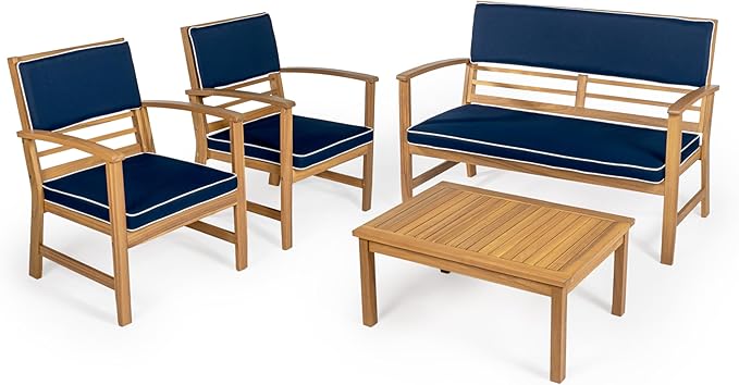 JONATHAN Y LVG1000C-4SET Barclay 4-Piece Modern Coastal Acacia Wood Conversation Outdoor Patio Set with Cushions Transitional, Classic, Traditional, Vintage, Mid-Century, Navy/Teak Brown