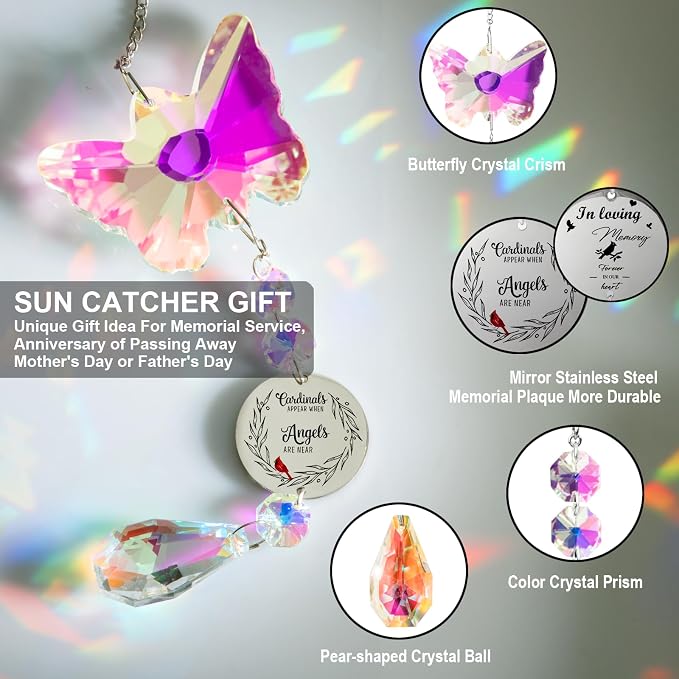 Unique Memorial Sympathy Gifts for Loss Loved One,Bereavement Gift Idea Crystal Rainbow Maker Butterfly Suncatcher in Remembrance Gifts for Grief Sorry for You Loss Mum Dad