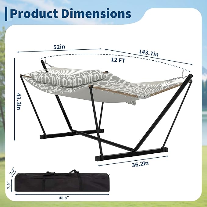 2 Person Outdoor Hammock with Stand, 450LBS Capacity, Heavy Duty Hammock with Carrying Bag & Soft Pillow, Portable Indoor Outdoor Hammock, Perfect for Backyard Patio Beach