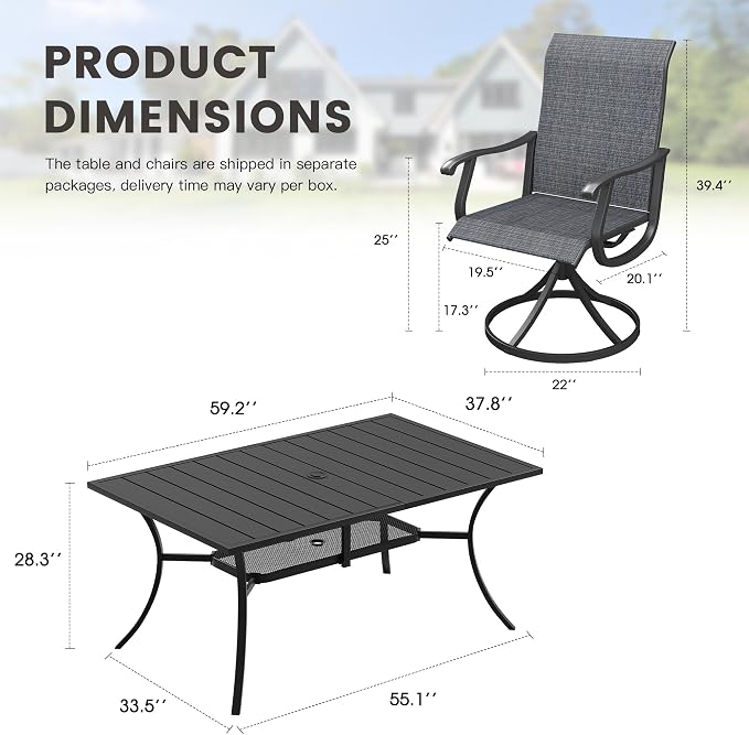 Outdoor Dining Set for 6, 59.2" Metal Outdoor Dining Table with Umbrella Hole and Sling Patio Swivel Chairs, 7 Pieces Patio Table and Chairs Set for Garden Backyard, Charcoal and Black