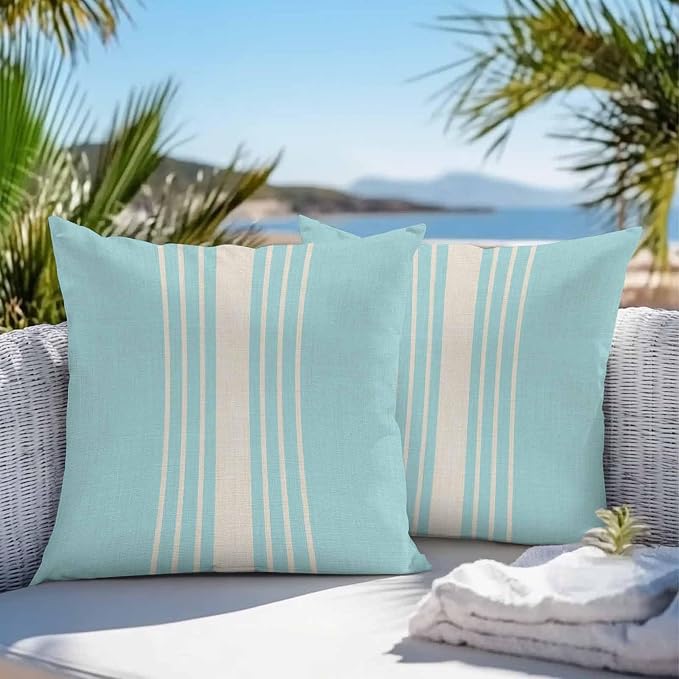 Vandarllin Outdoor Throw Pillows Covers 16x16 inch Set of 2 Waterproof Sky Blue Vertical Stripes Decorative Zippered Cushion Covers for Patio Furniture, Classic Striped Linen Lumbar Pillowcases