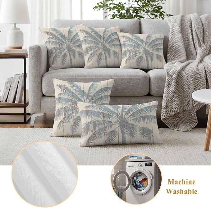Pack of 2 Blue Beige Palm Tree Outdoor Pillow Covers Decorative, Summer Tropical Botanical Waterproof Pillow Protector, Vintage Throw Pillowcases Accent Cushion Cases for Patio Couch Sofa 18"x18"