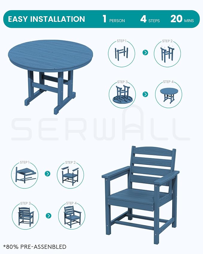 SERWALL 6-Piece Patio Dining Sets, HDPE Outdoor Table and Chairs Furniture Set with Umbrella, 45" Round Dining Table & 4 Dining Chairs & 1 9FT Umbrella, Navy(Not Include Umbrella Base)