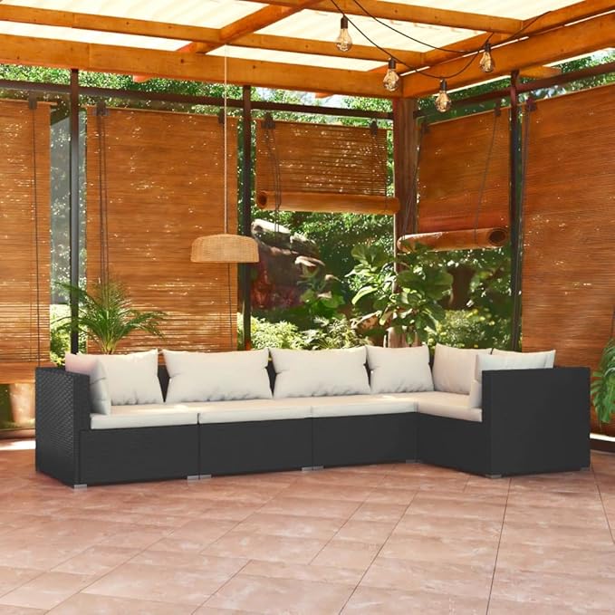 5 Piece Patio Lounge Set with Cushion, Outdoor Patio Sectional Piece Patio Set Furniture Conversation Sets Patio Lounge Set s Poly Rattan Black