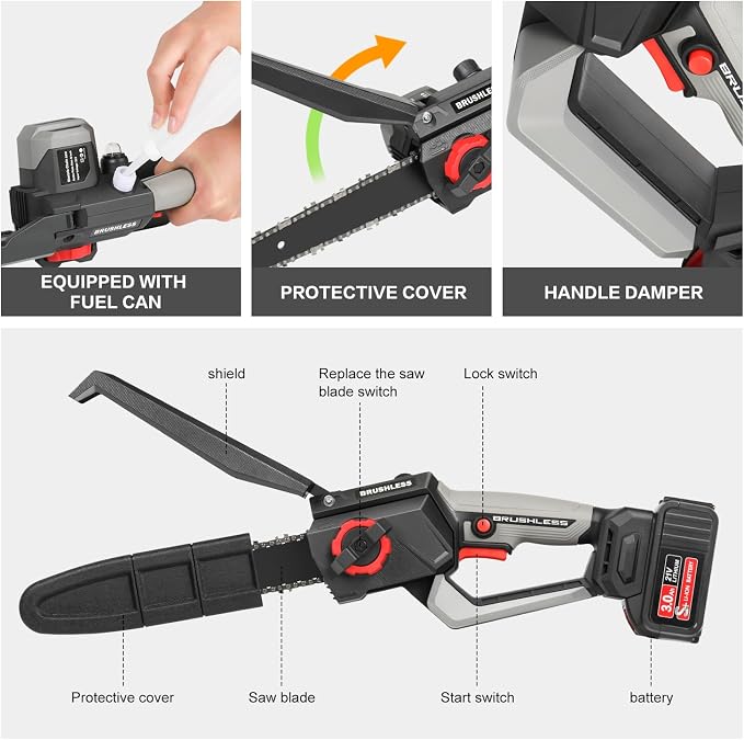 8 Inch Mini Chainsaw Cordless, 1150W 5000RPM Brushless Handheld Electric Chain Saw with Chain Guide Plate 2x3.0A Batteries and Other 6 Accessories, for Tree Branch Wood Cutting, Garden Tools Gift