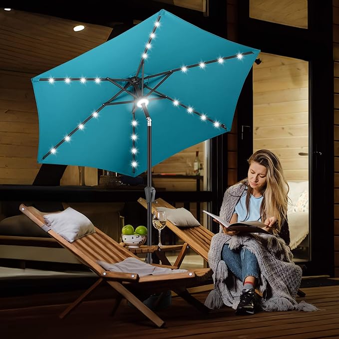FLAME&SHADE 7.5 FT Solar Light Patio Umbrella, 24 LED Lights Outdoor Umbrella with Centre Surround Light, Table Umbrella Outdoor Patio for Deck, Pool, Backyard, Garden, UV Protection (Aqua Blue)