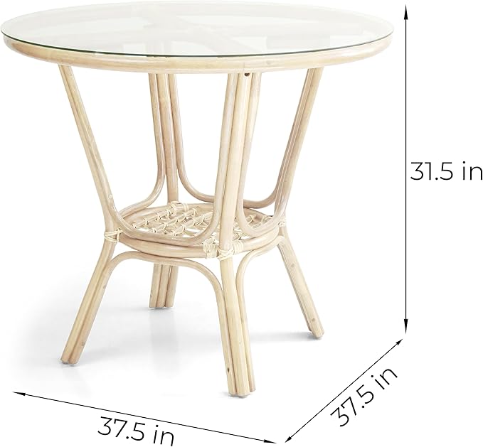 3 Pcs Pelangi Rattan Wicker Dining Set Round Table Glass Top and 2 Arm Chairs with Cream Cushion, White Color