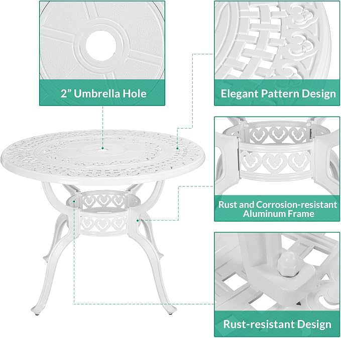 VIVIJASON 5-Piece Outdoor Patio Dining Set, All-Weather Cast Aluminum Conversation Set, Patio Furniture Set for Backyard, Include 4 Swivel Rocker Chairs, a 38.5" Round Table w/Umbrella Hole, White