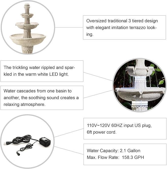 Glitzhome Outdoor Fountains and Waterfalls 3 Tier Patio Fountain with Pump & LED Light, Resin Terrazzo Water Fountains Oversized Outdoor Floor Stand Fountain for Garden Backyard Yard Lawn Sand Beige