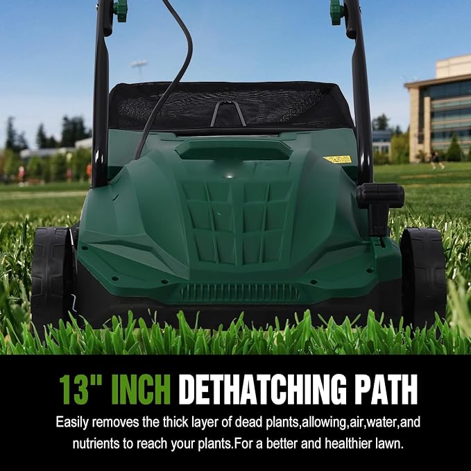 13" Electric Dethatcher and Scarifier 12 Amp Lawn Dethatcher with 31.7QT Collection Bag 2-in-1 Thatcher for Lawn Turf Vacuum for Artificial Grass Green