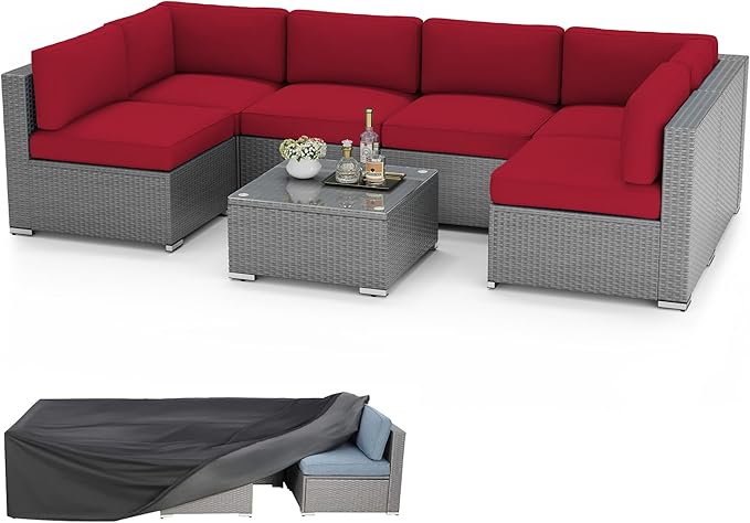 8 Pieces Outdoor Patio Furniture Set with Waterproof Cover, Grey Wicker Patio Sectional Sofa Set, Outdoor Couch with Cushion and Tempered Glass Table, Red