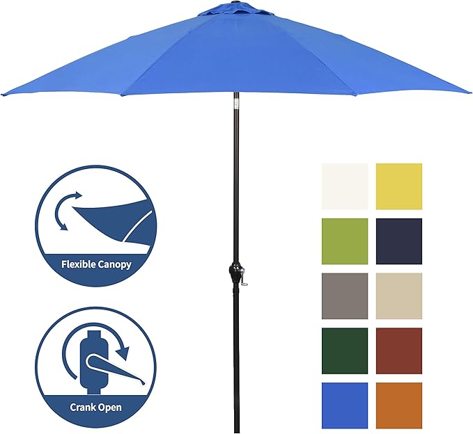 Sunline 9 ft Patio Umbrella with Crank & Push Button Tilt, Outdoor Market Umbrella with UV Protection & Wind Vent and Fiberglass Ribs, Metal Frame for Deck, Pool & Table, Pacific Blue