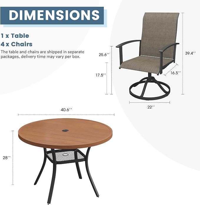 DIFY 5 Pieces Outdoor Dining Set for 4, 40.6" Walnut Round Metal Table with Umbrella Hole and Brown Textilene Swivel Patio Chairs, Patio Table and Chairs Set for Garden, Backyard, Poolside