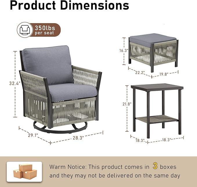 Patio Furniture Set Outdoor/Indoor, Wicker Patio Sofa, 5pcs Furniture Set with Swivel Rocker Chairs, Side Table, and Ottomans for Backyard, Garden, Poolside(Grey)