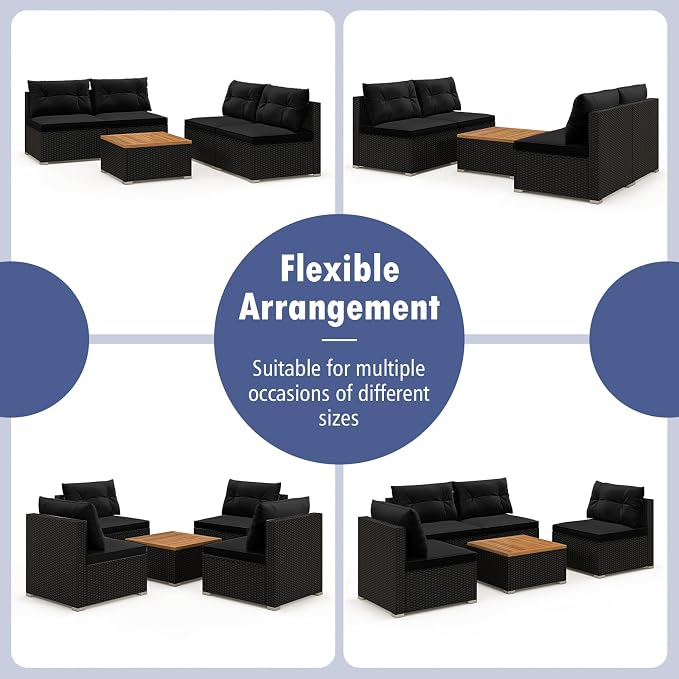 Tangkula 5 Pieces Wicker Patio Furniture Set, Outdoor 4 Armless Rattan Sofa & Coffee Table Set, with Cushions, Acacia Wood Tabletop, Sectional Patio Conversation Set for Lawn, Yard, Poolside, Black