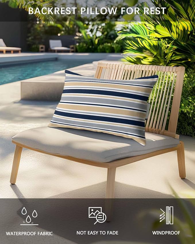 Pack of 4 Outdoor Lumbar Pillow Covers 11x16 Inch, Khaki Grey Striped Waterproof Throw Pillow Covers Set, Navy Blue Farmhouse Stripes Abstract Art Outside Decorative Cushion Cases for Patio Porch Car