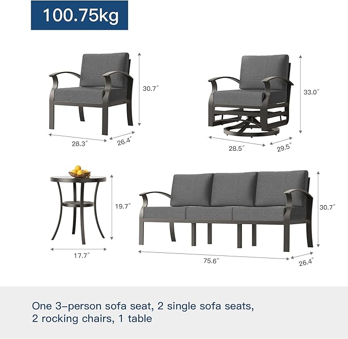 Kullavik Aluminum Patio Furniture Set,6 Pieces 7 Seat Sectional Metal Outdoor Furniture Conversation Set w/5.1" Cushions,Swivel Rocking Chairs Set,Grey