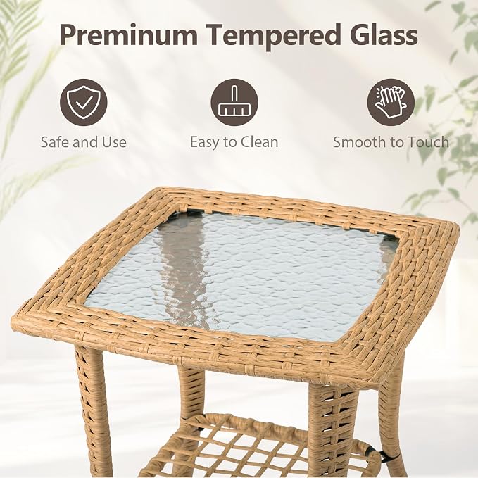 Outdoor Wicker Side Table, Rattan End with Glass Top, Patio Coffee Bistro for Indoor Garden Porch Balcony (Beige)