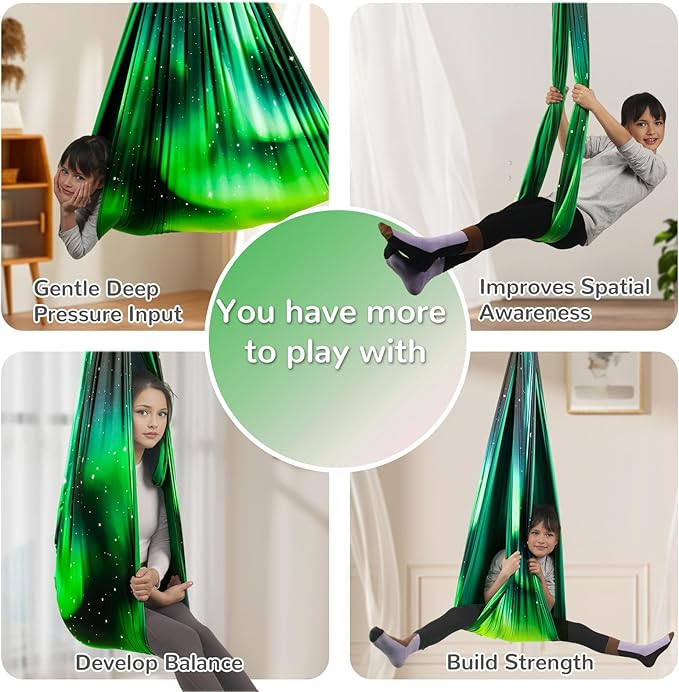 Sensory Swing for Kids Indoor & Outdoor Double Layer Therapy Cuddle Swing with 360° Swivel Hanger Kit Adjustable Swings for Child and Adult with Aspergers Autism (Aurora Green)